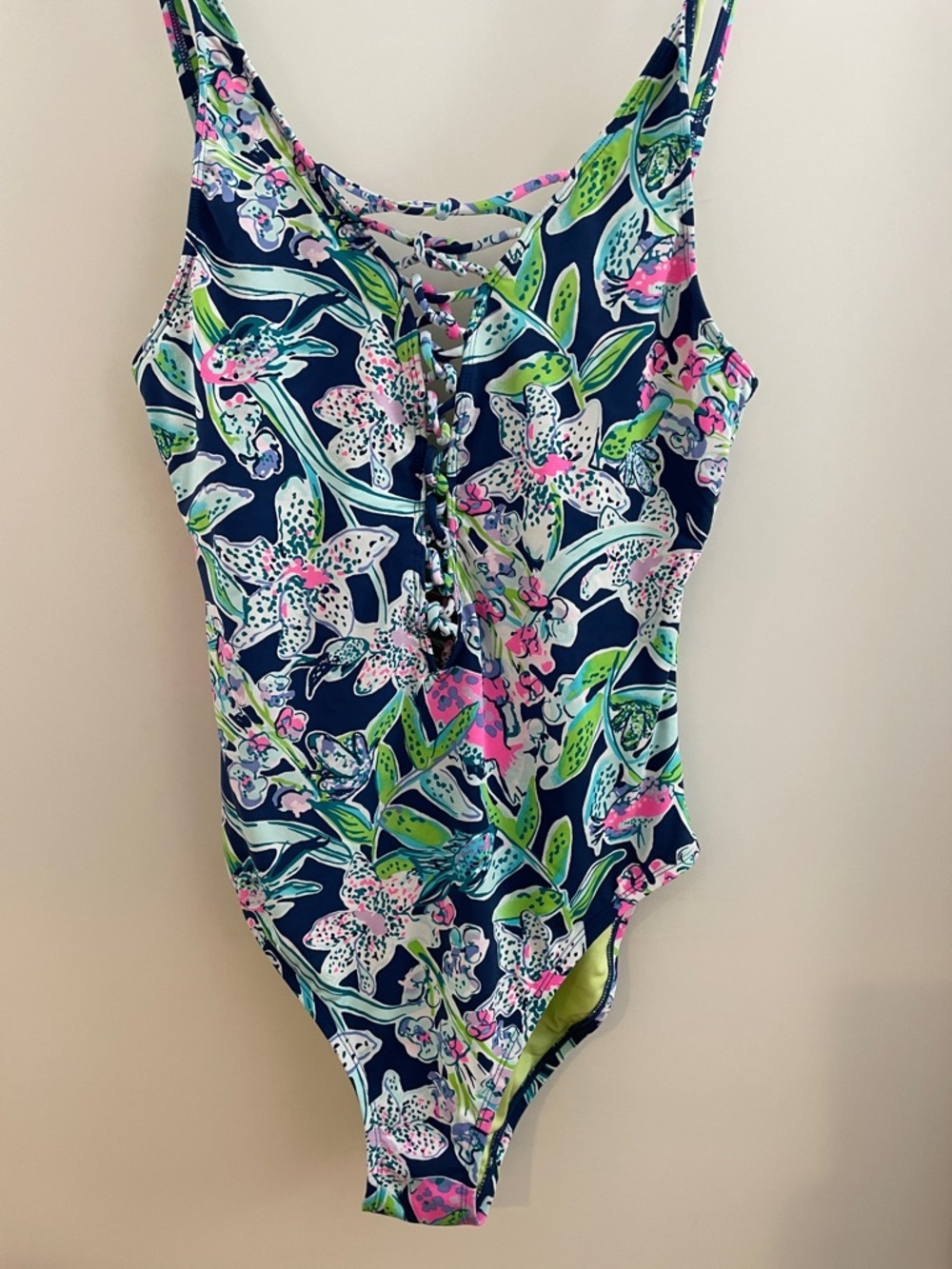 LILLY PULITZER Navy Floral One-Piece Swimsuit with Lace-Up Front 10 EUC